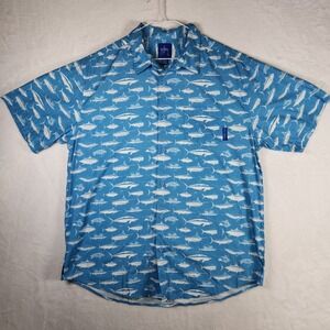 Guy Harvey Mens Large Blue Fish Print Short Sleeve Button Up‎ Shirt